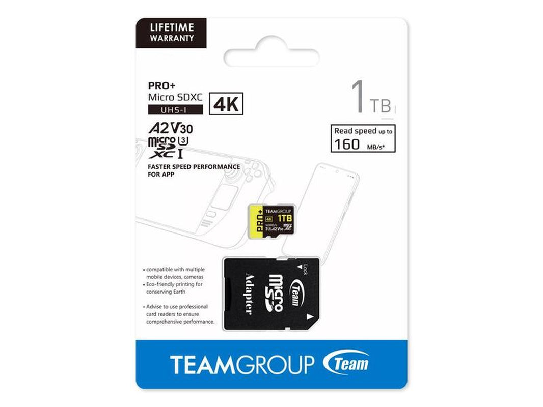 Team 1TB Pro+ Microsdxc UHS-I/U3 Class 10 Memory Card with Adapter, Compatible with Nintendo-Switch, Steam Deck, and ROG Ally, Speed up to 160Mb/S (TPPMSDX1TIA2V3003)